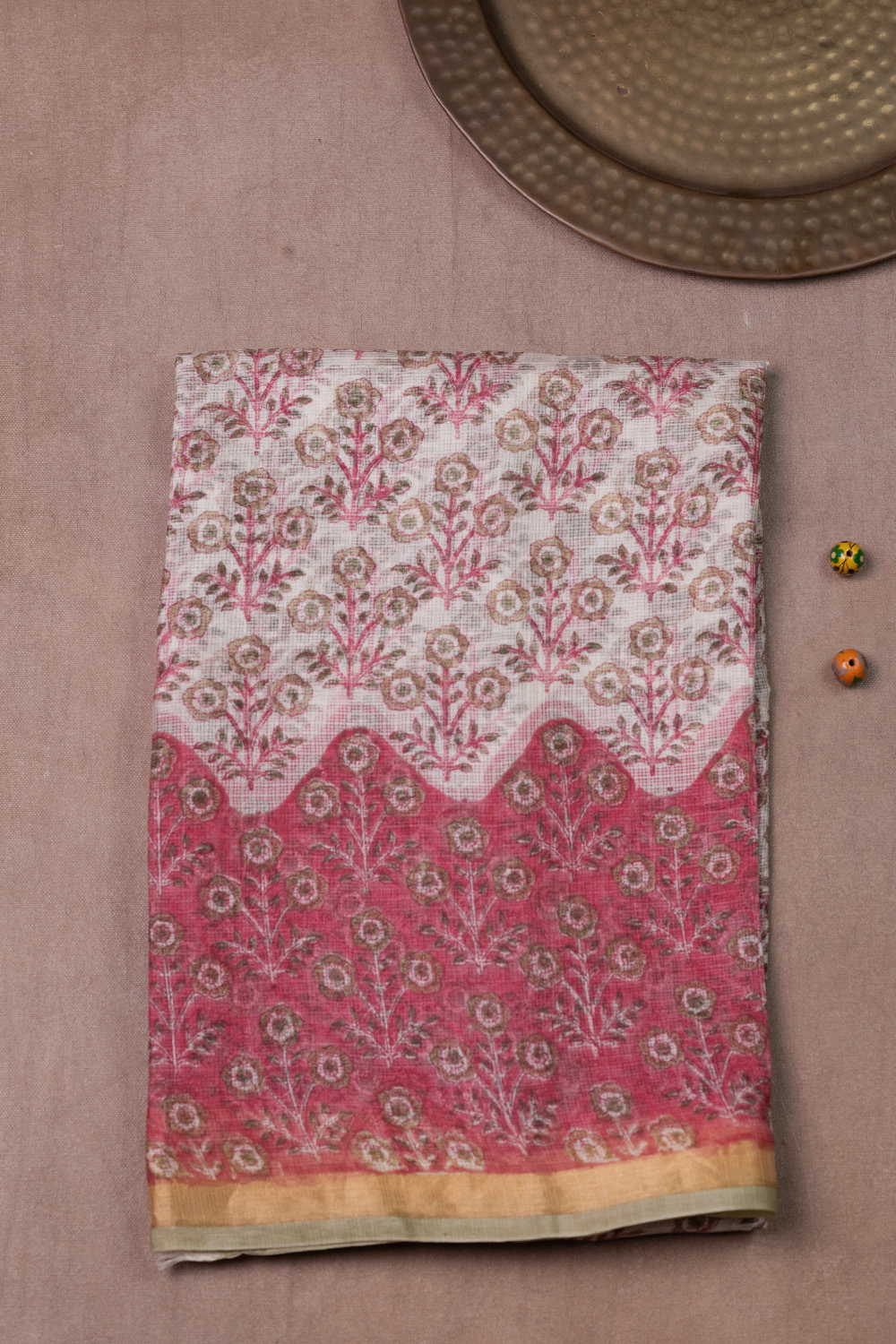 Cream with Pink Block Printed Kota Silk saree