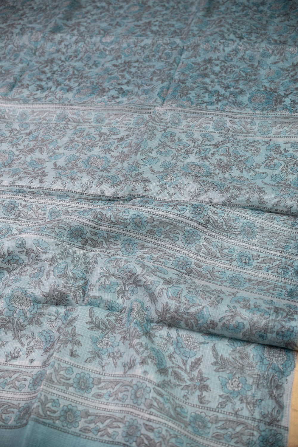 Ditzy Floral - Blue Block Printed Kota Silk saree - Image 3