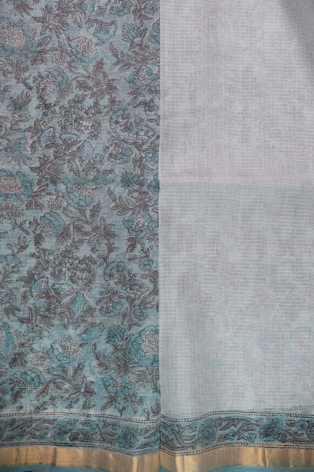 Ditzy Floral - Blue Block Printed Kota Silk saree - Image 4
