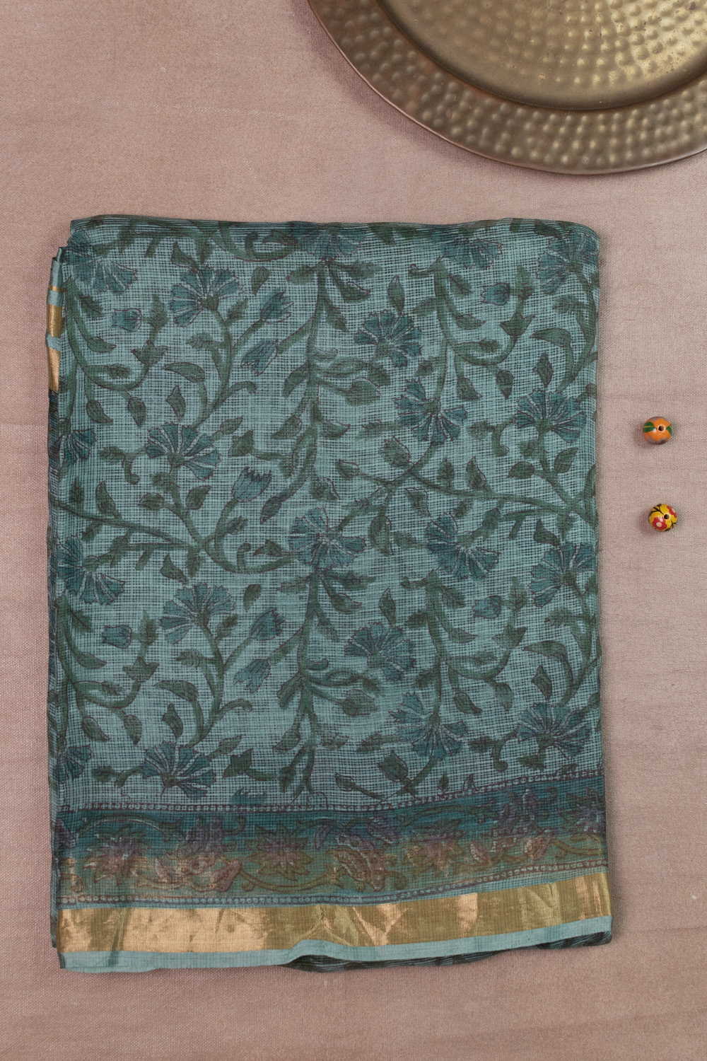 Green with Leafy Floral Block Printed Kota Silk saree