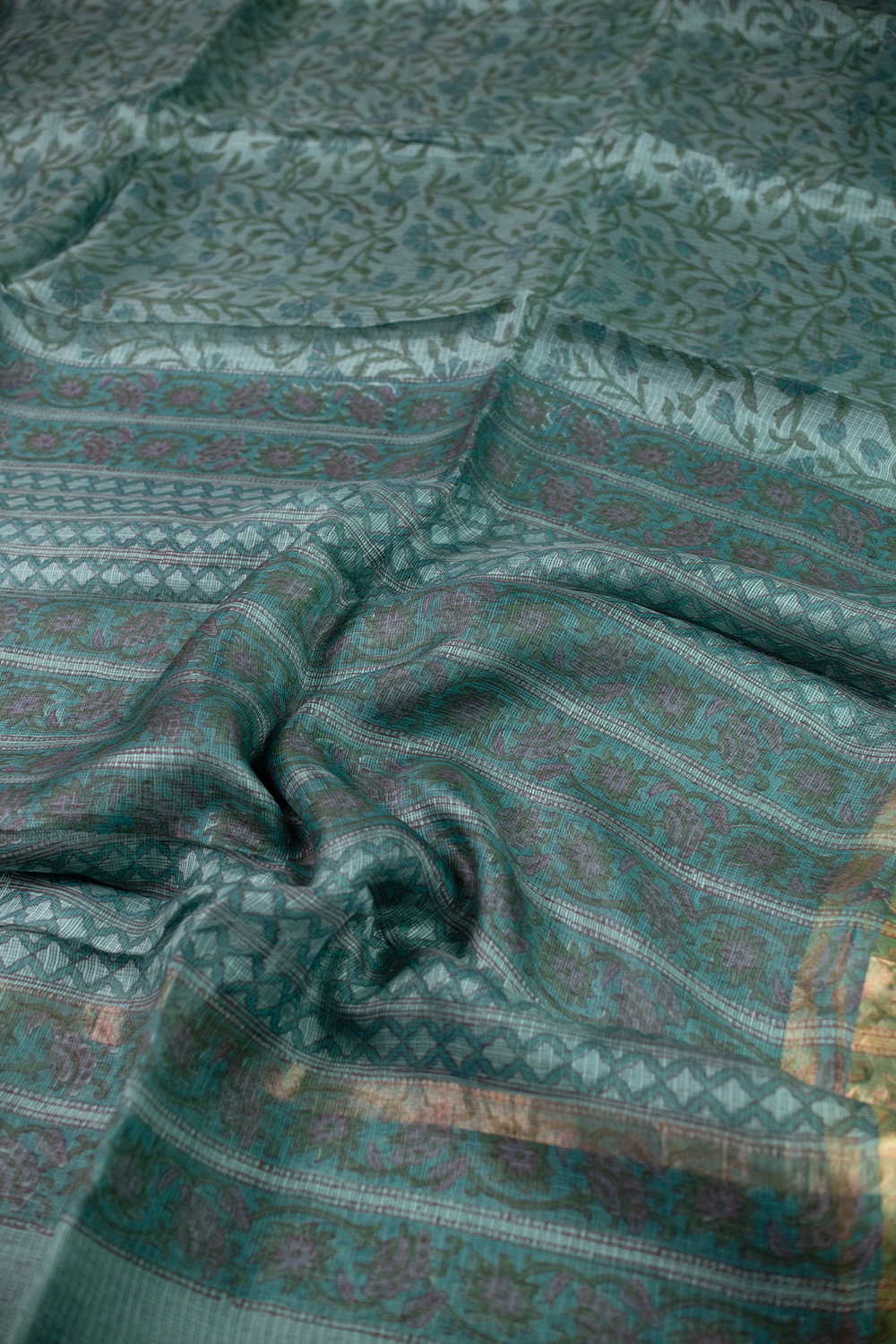 Green with Leafy Floral Block Printed Kota Silk saree - Image 3