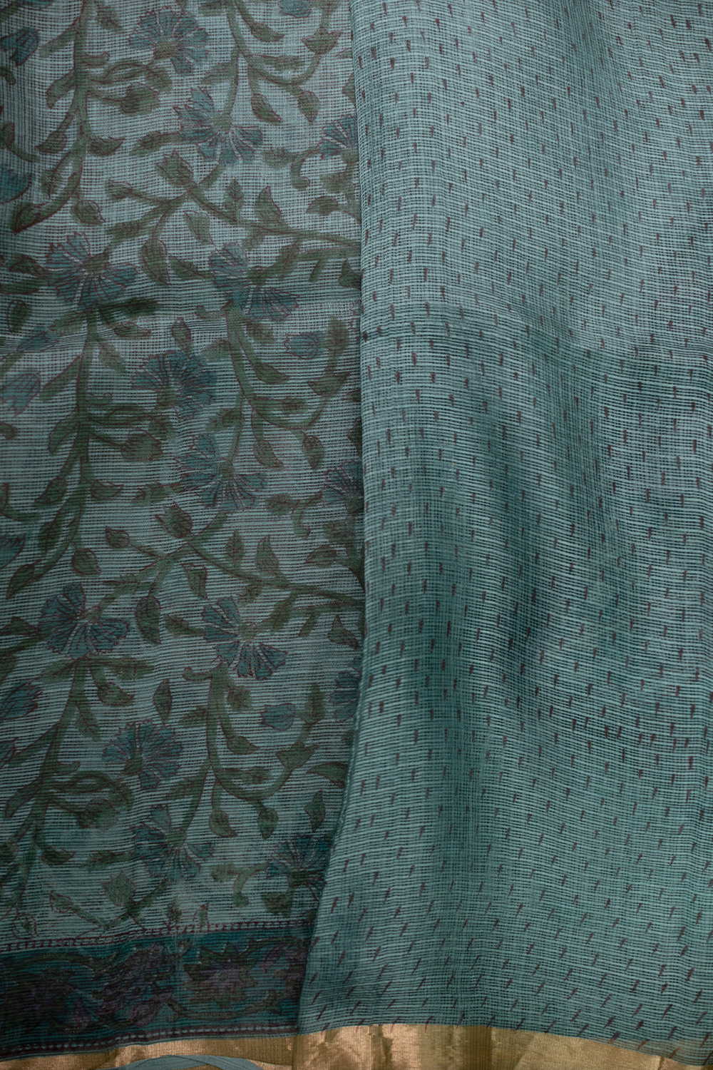 Green with Leafy Floral Block Printed Kota Silk saree - Image 4