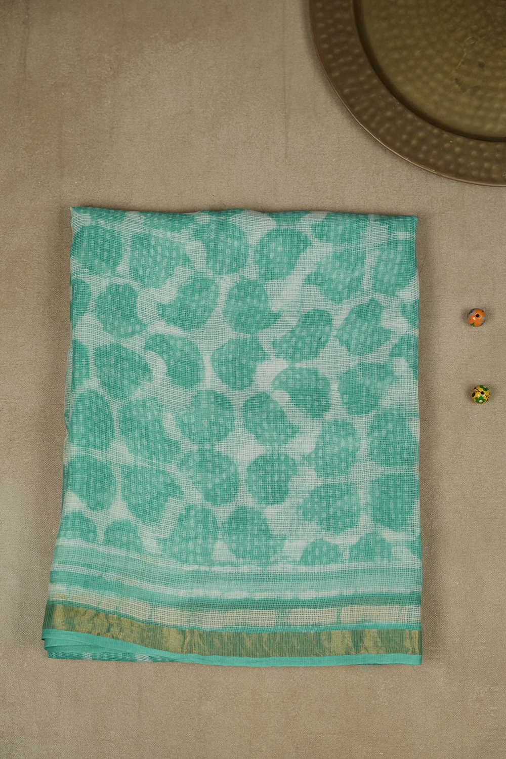 Green Pattern on Cream Block Printed Kota Silk saree
