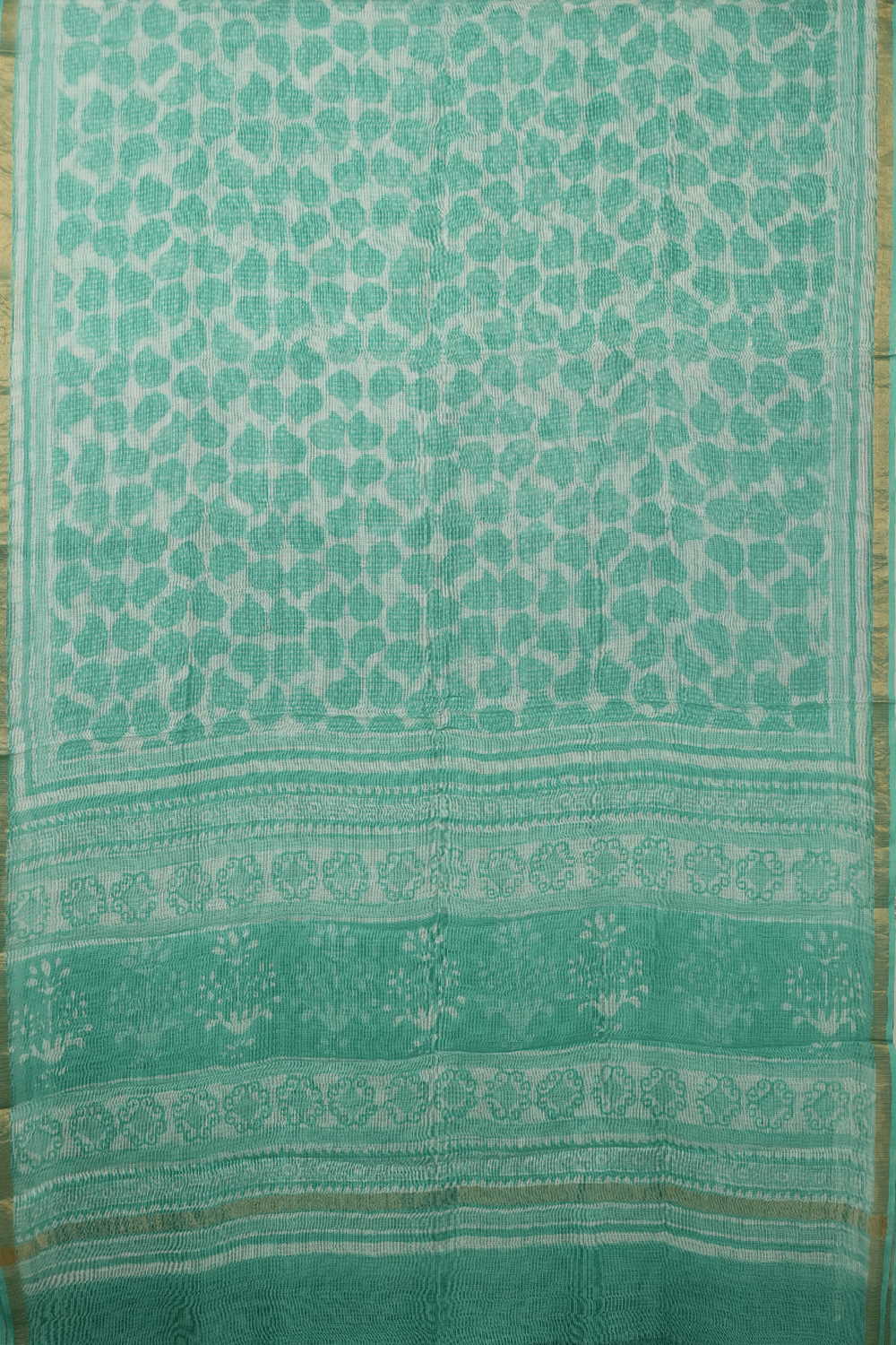Green Pattern on Cream Block Printed Kota Silk saree - Image 2