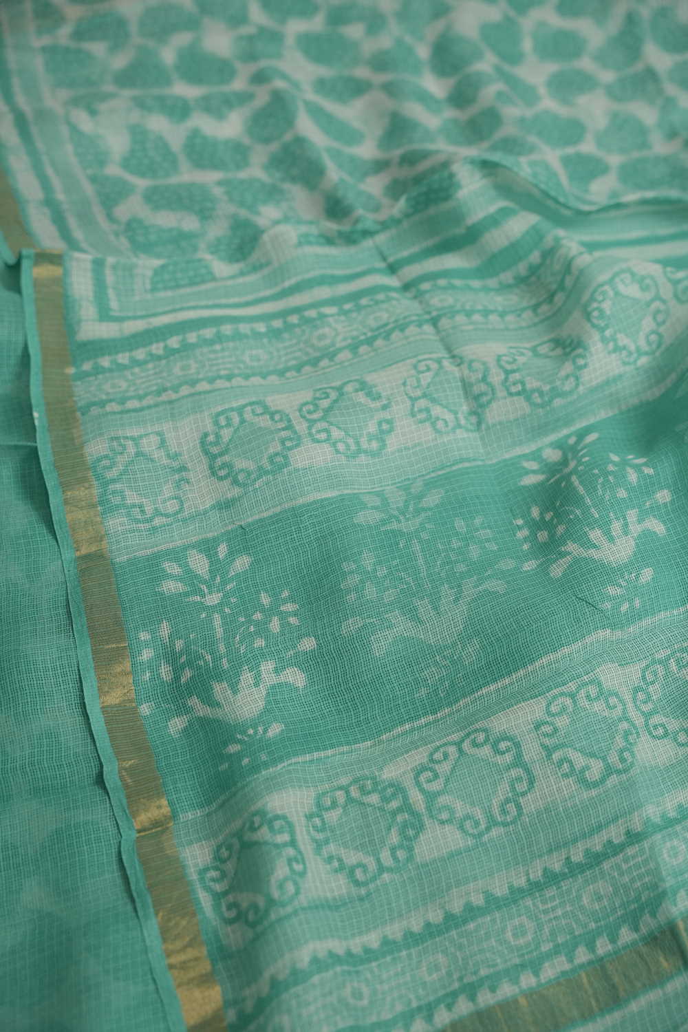Green Pattern on Cream Block Printed Kota Silk saree - Image 3
