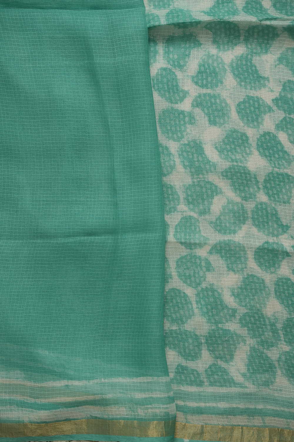 Green Pattern on Cream Block Printed Kota Silk saree - Image 4