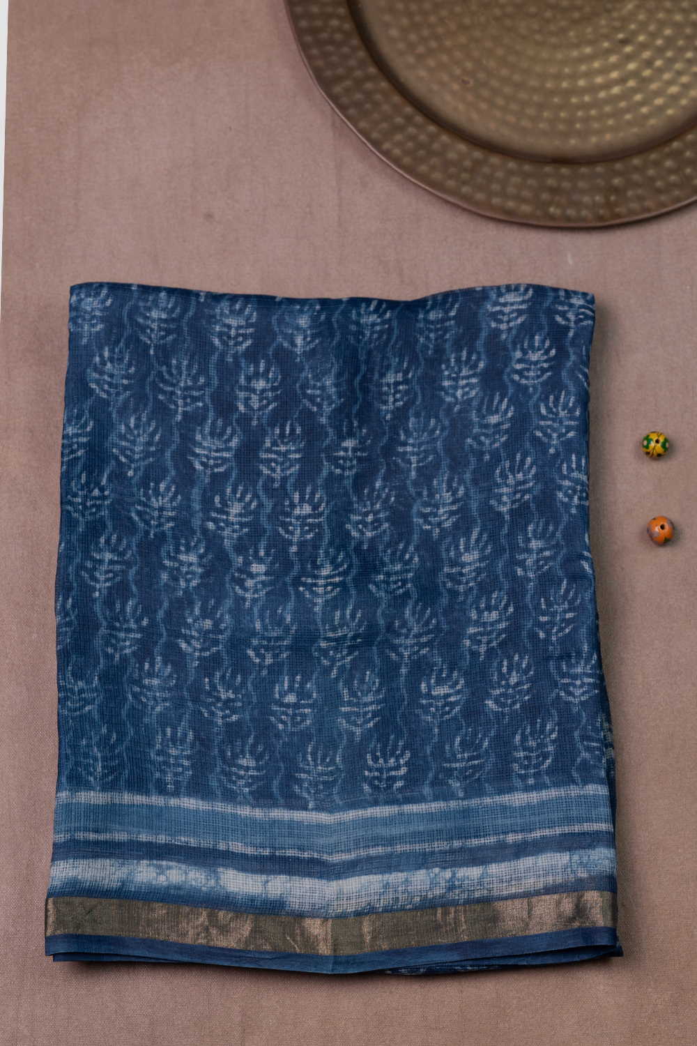 Indigo Block Printed Kota Silk saree