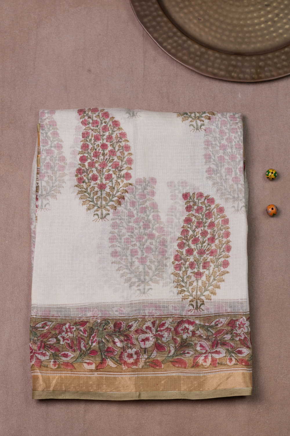 Big Butta on Cream Block Printed Kota Silk saree