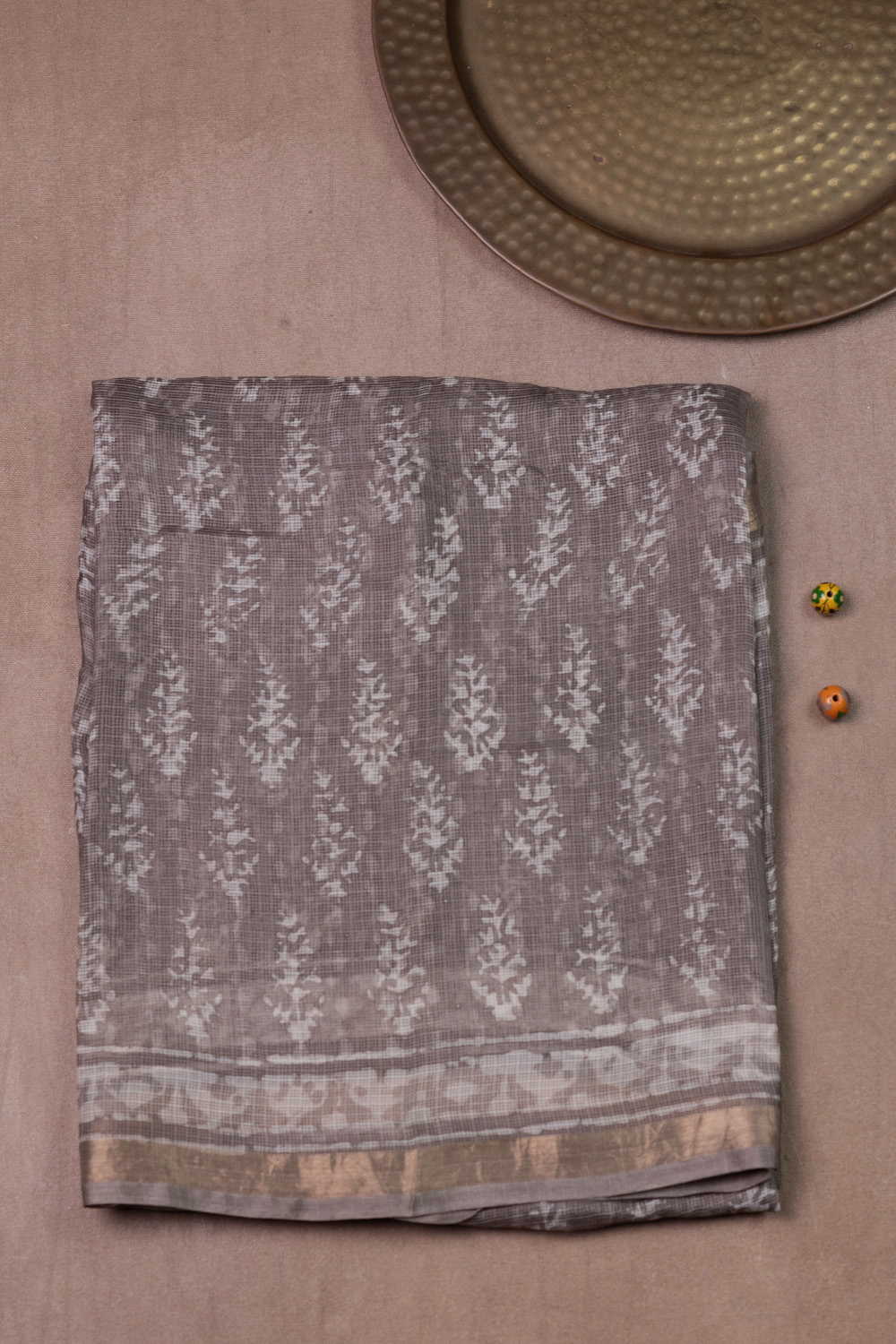 Grey with Florets Block Printed Kota Silk saree