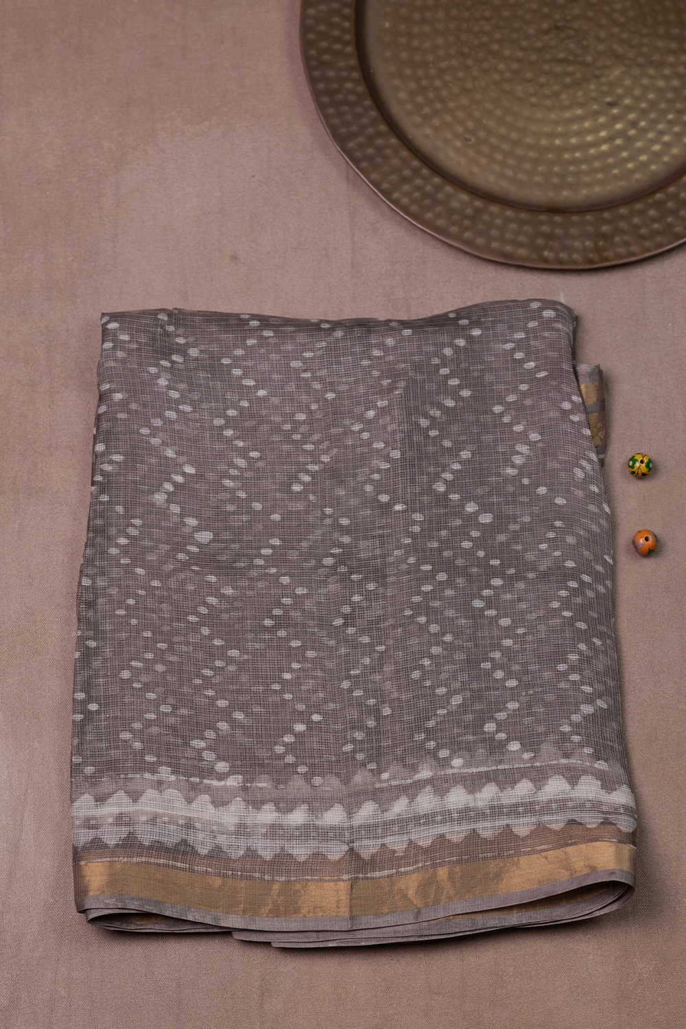 Zari Border - Grey Block Printed Kota Silk saree