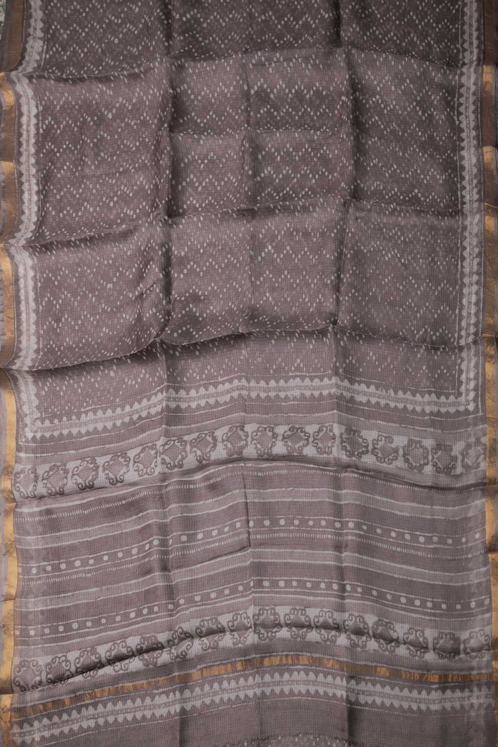 Zari Border - Grey Block Printed Kota Silk saree - Image 2