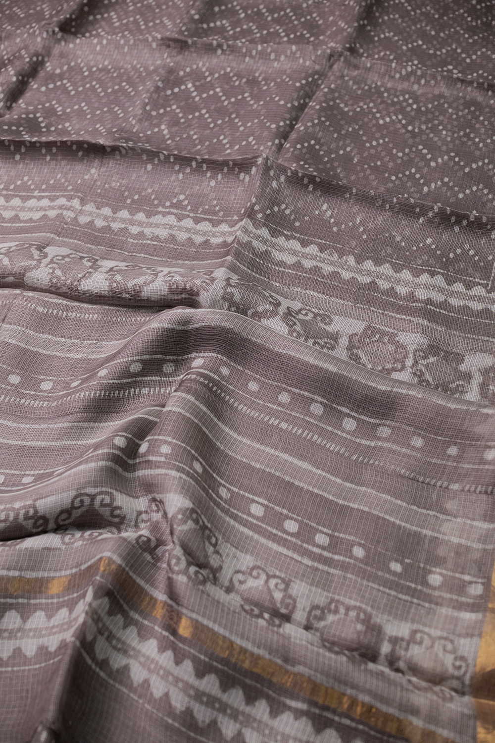 Zari Border - Grey Block Printed Kota Silk saree - Image 3