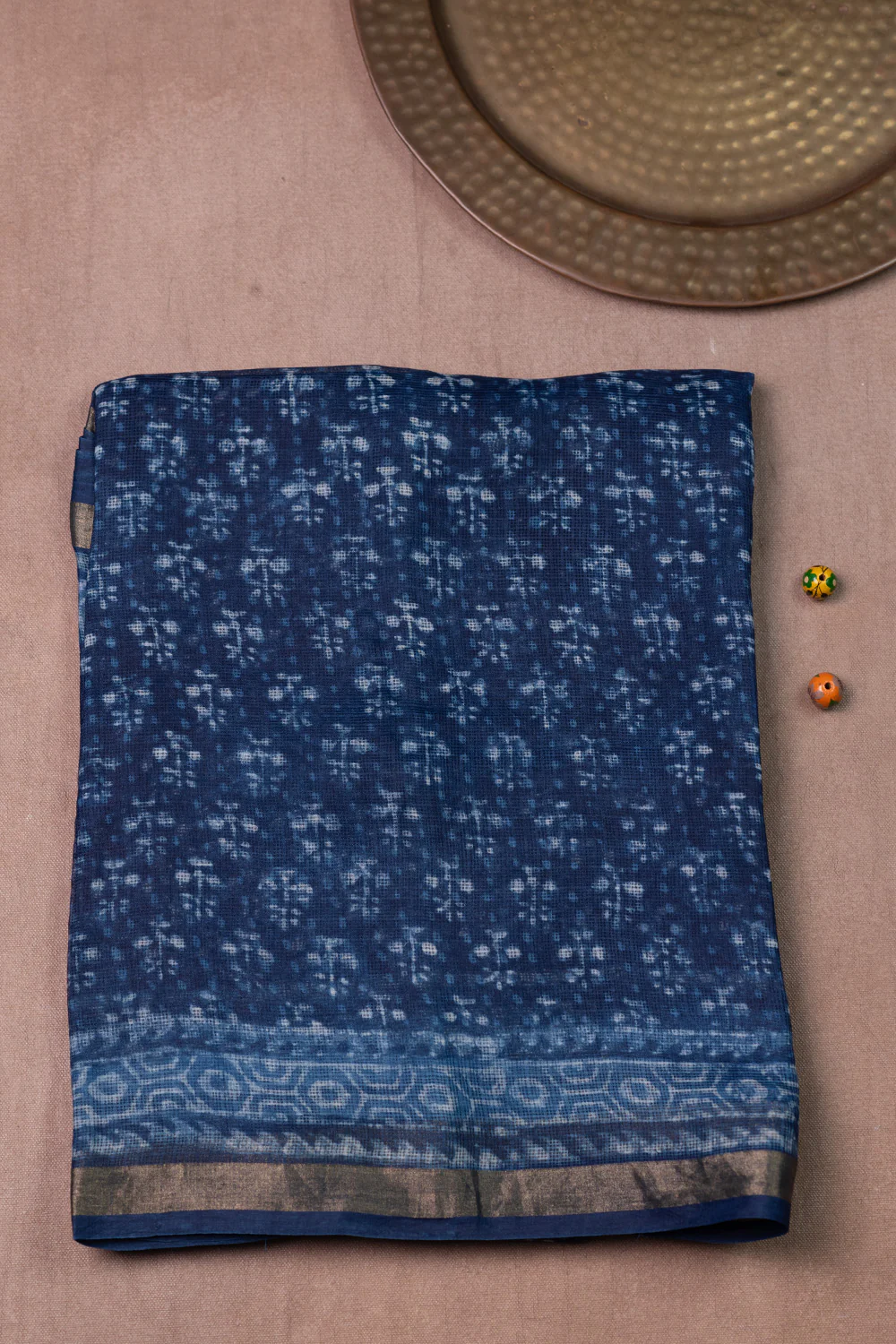 Dark Indigo Block Printed Kota Silk saree