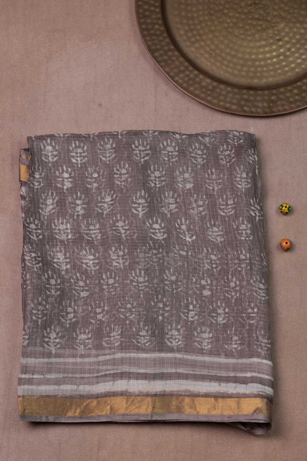 Elephant Grey Block Printed Kota Silk saree