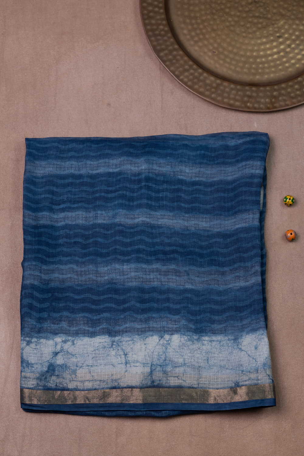 Indigo - Zari Border Block Printed Kota Silk saree