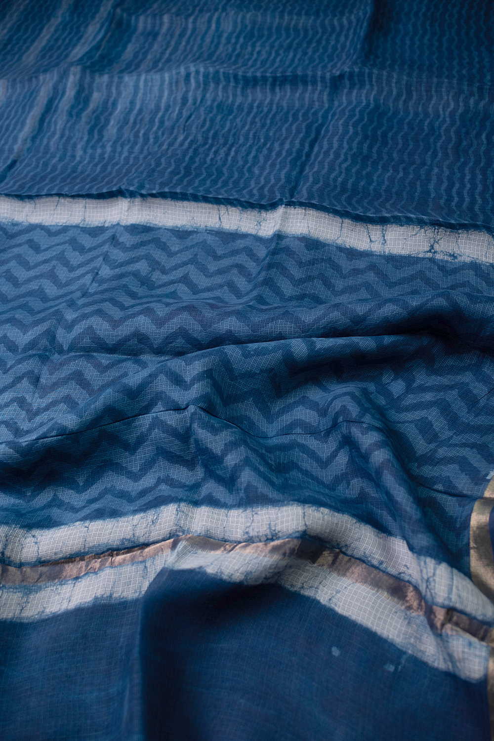 Indigo - Zari Border Block Printed Kota Silk saree - Image 3