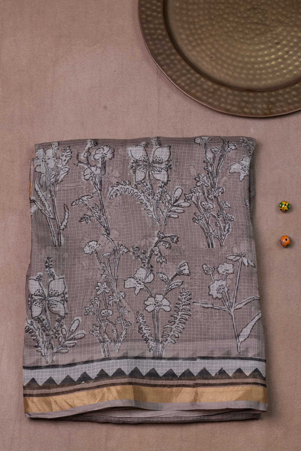 Floral on Grey Block Printed Kota Silk saree