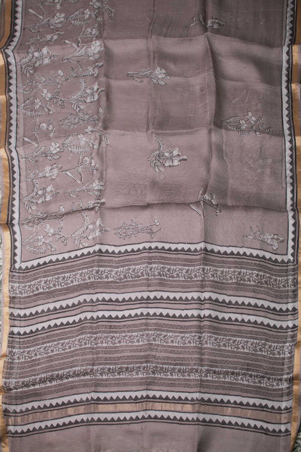 Floral on Grey Block Printed Kota Silk saree - Image 2