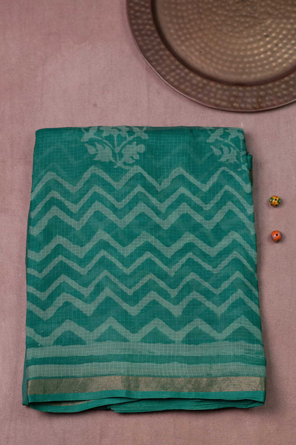 Dark Green Block Printed Kota Silk saree