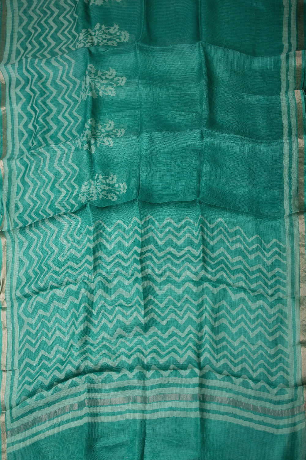Dark Green Block Printed Kota Silk saree - Image 2
