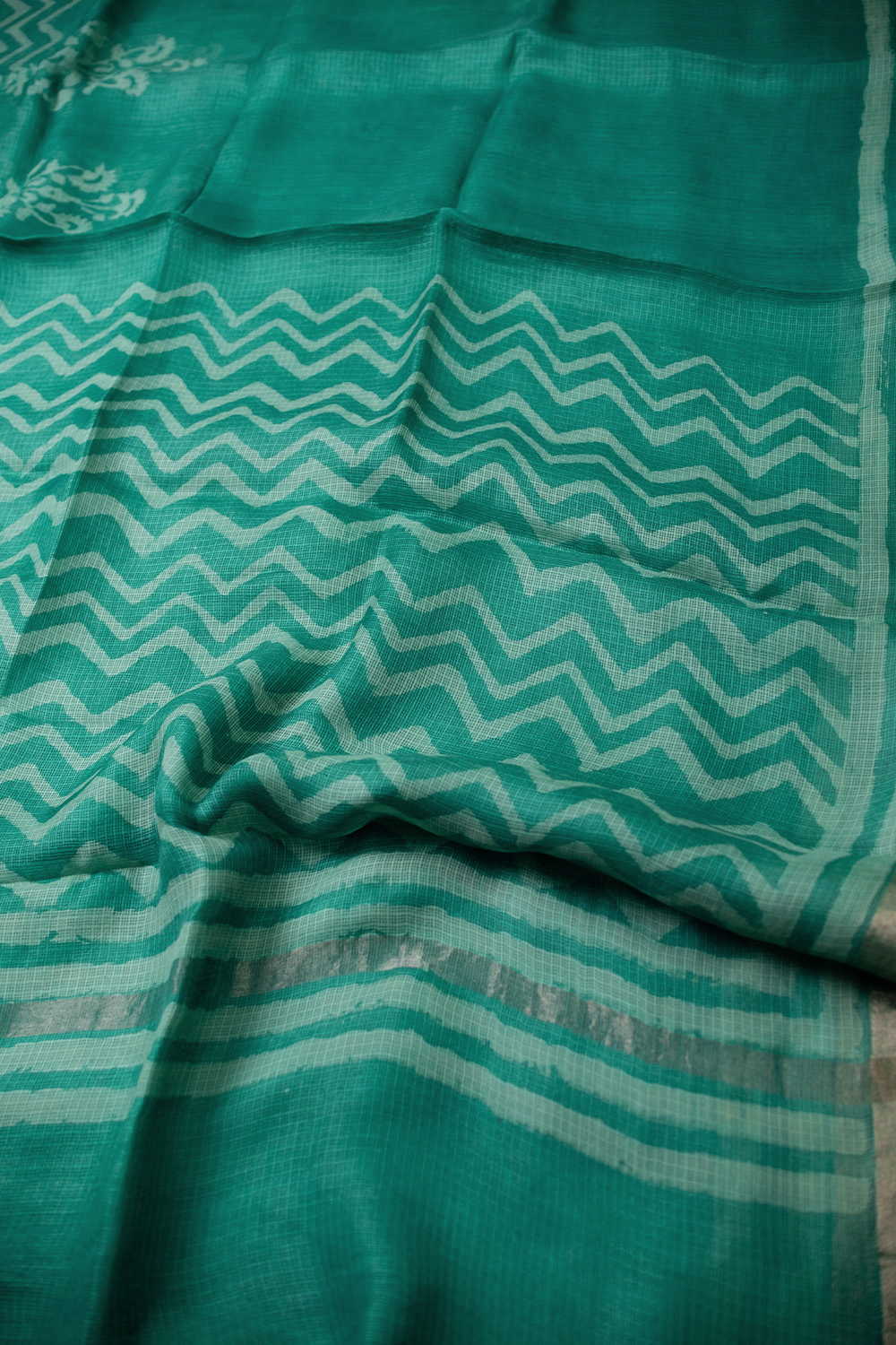 Dark Green Block Printed Kota Silk saree - Image 3