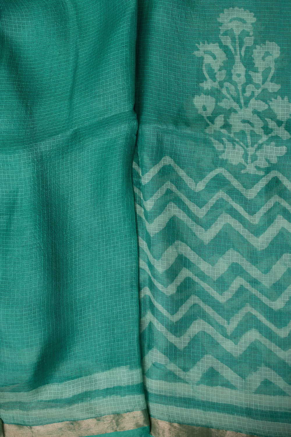 Dark Green Block Printed Kota Silk saree - Image 4