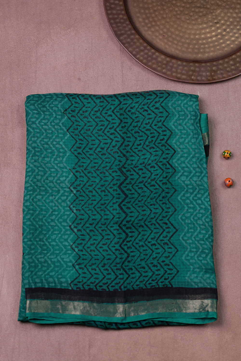 Green - Zari Border Block Printed Kota Silk saree