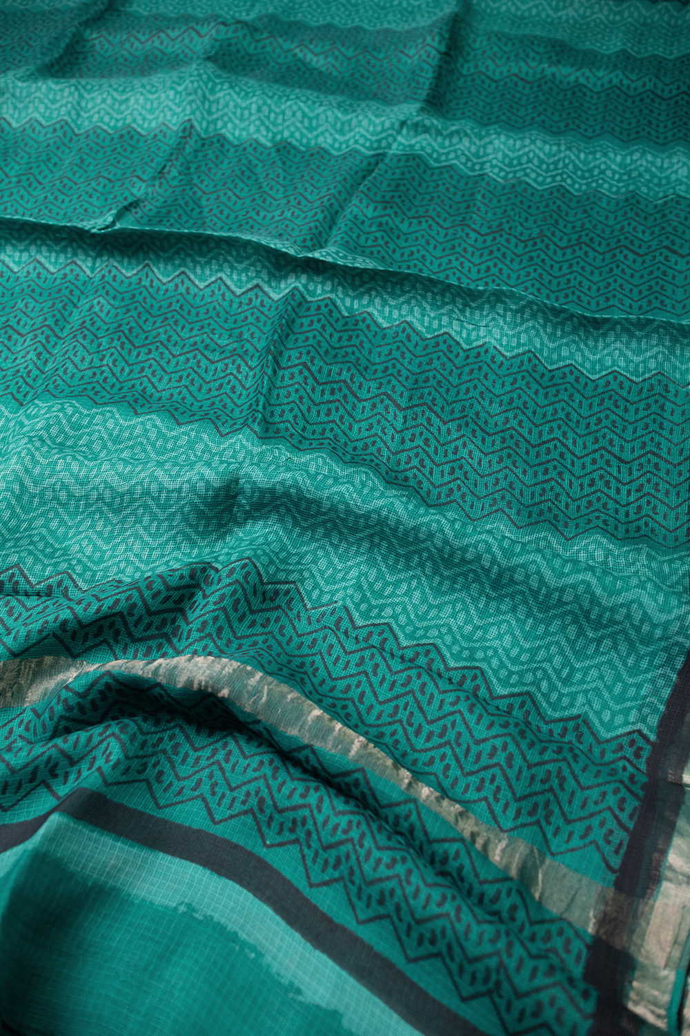 Green - Zari Border Block Printed Kota Silk saree - Image 3