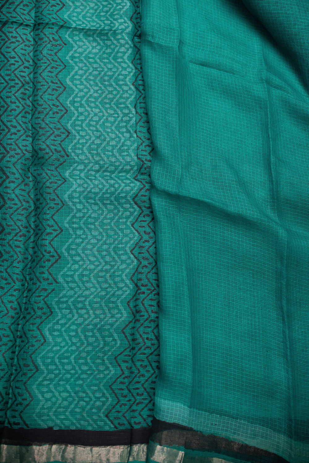 Green - Zari Border Block Printed Kota Silk saree - Image 4