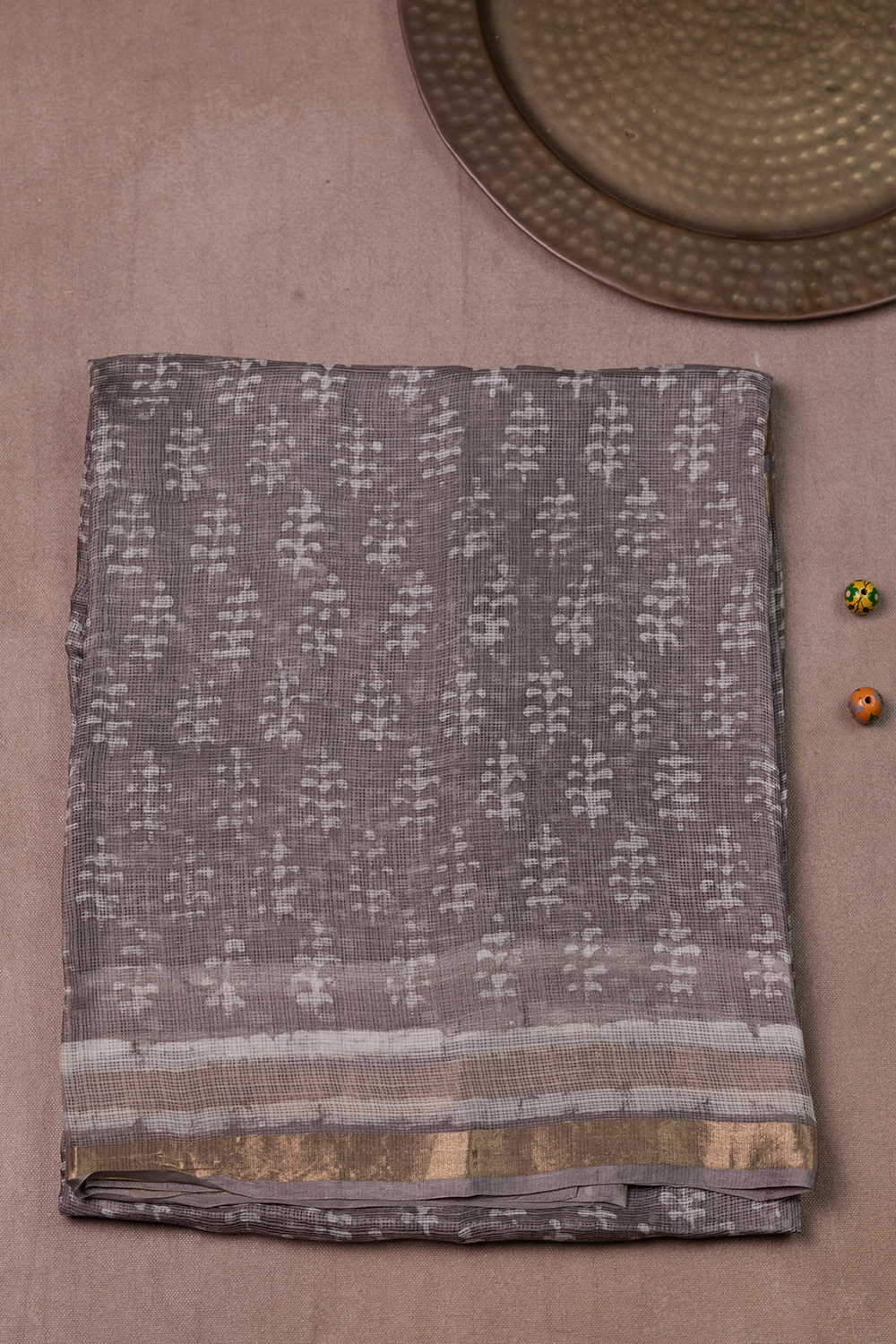 Stone Grey Block Printed Kota Silk saree