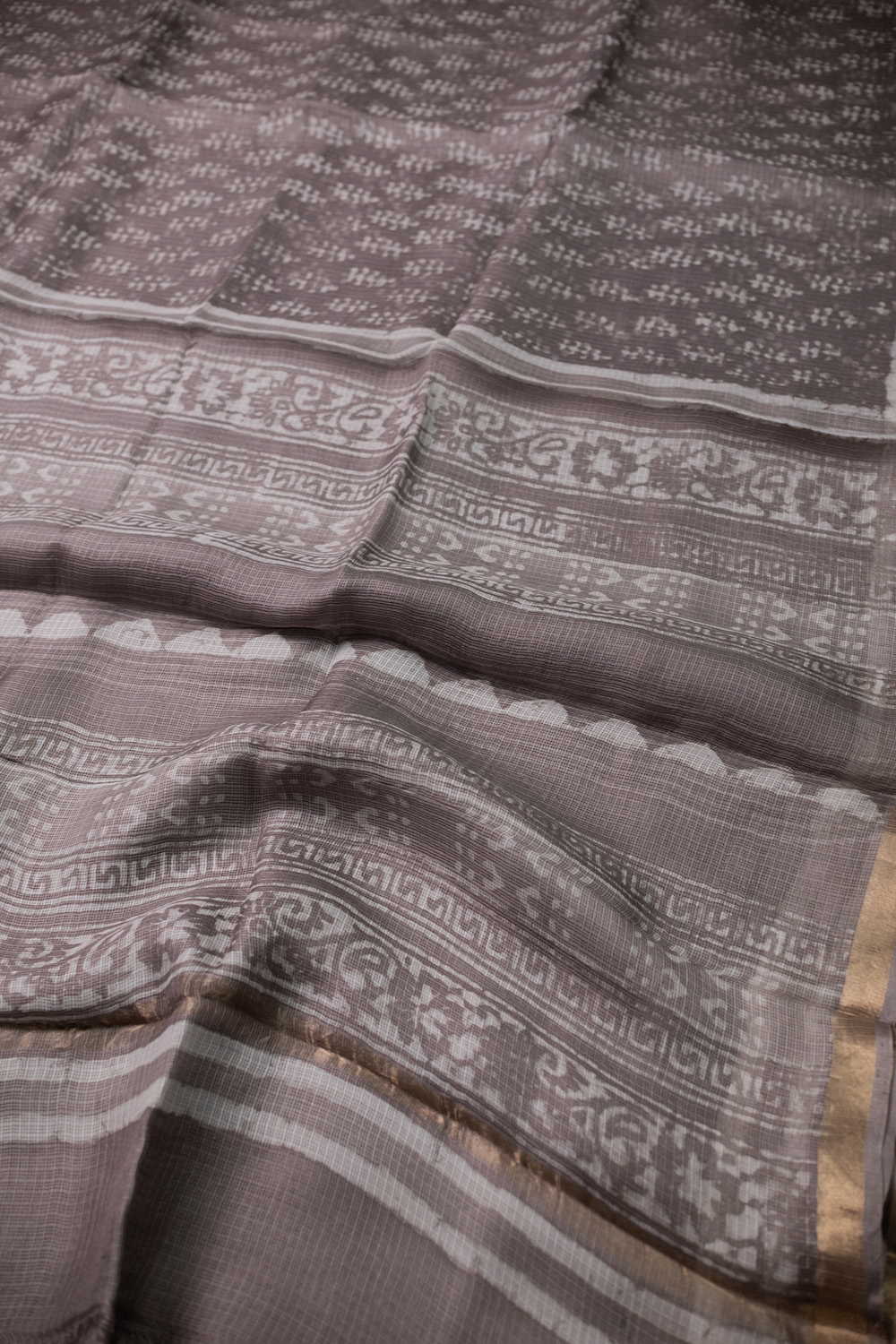 Stone Grey Block Printed Kota Silk saree - Image 3