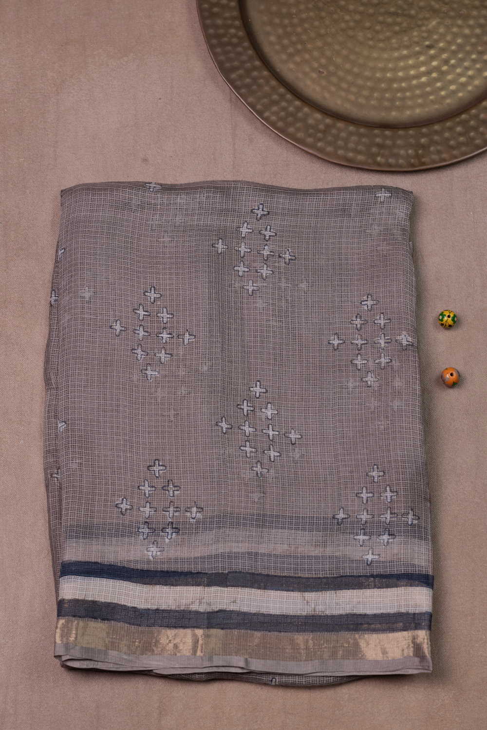 Mild Grey Block Printed Kota Silk saree