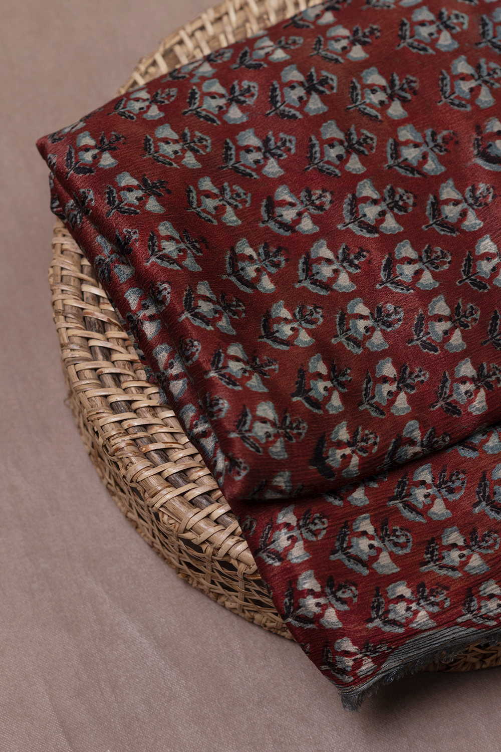 Burnt Maroon Block Printed Modal Silk Fabric
