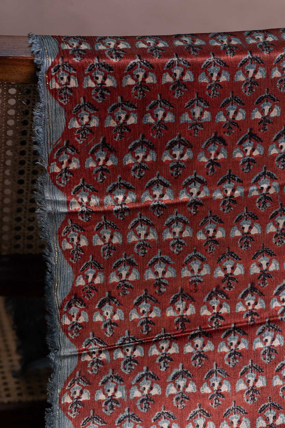 Burnt Maroon Block Printed Modal Silk Fabric - Image 2