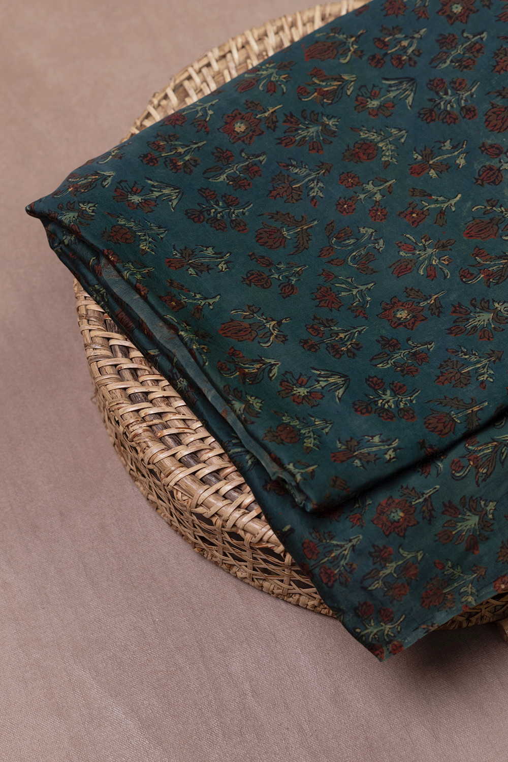 Green with Florets Block Printed Modal Silk Fabric