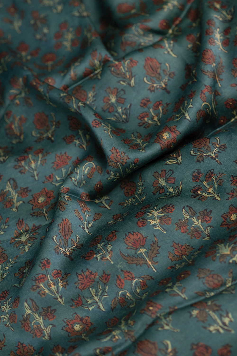Green with Florets Block Printed Modal Silk Fabric - Image 2
