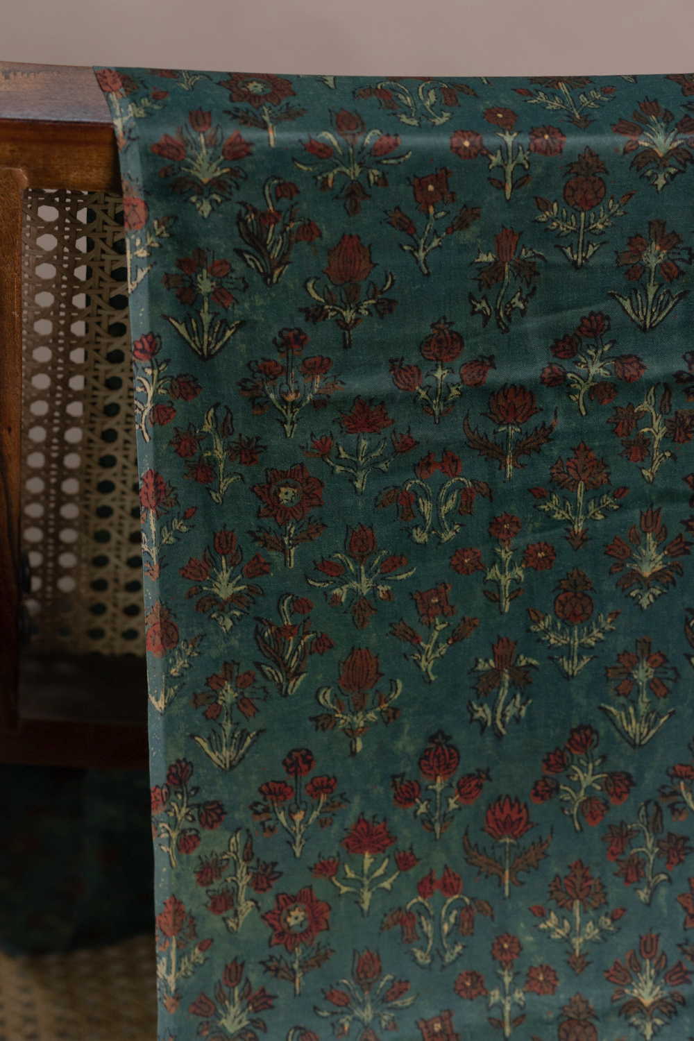 Green with Florets Block Printed Modal Silk Fabric - Image 3