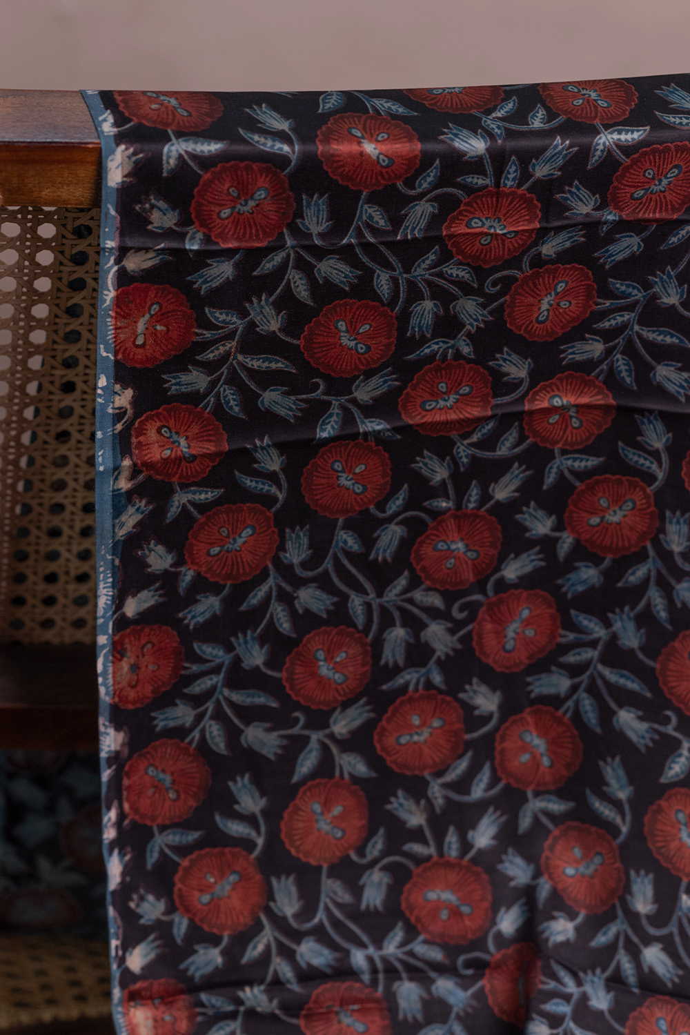 Maroon Floral Block Printed Modal Silk Fabric