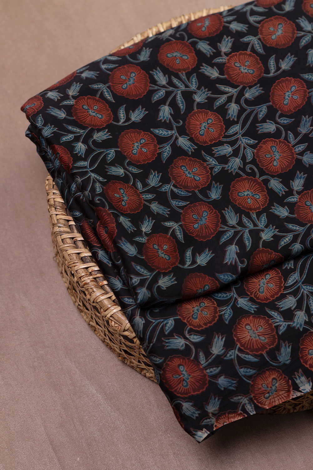 Maroon Floral Block Printed Modal Silk Fabric - Image 2