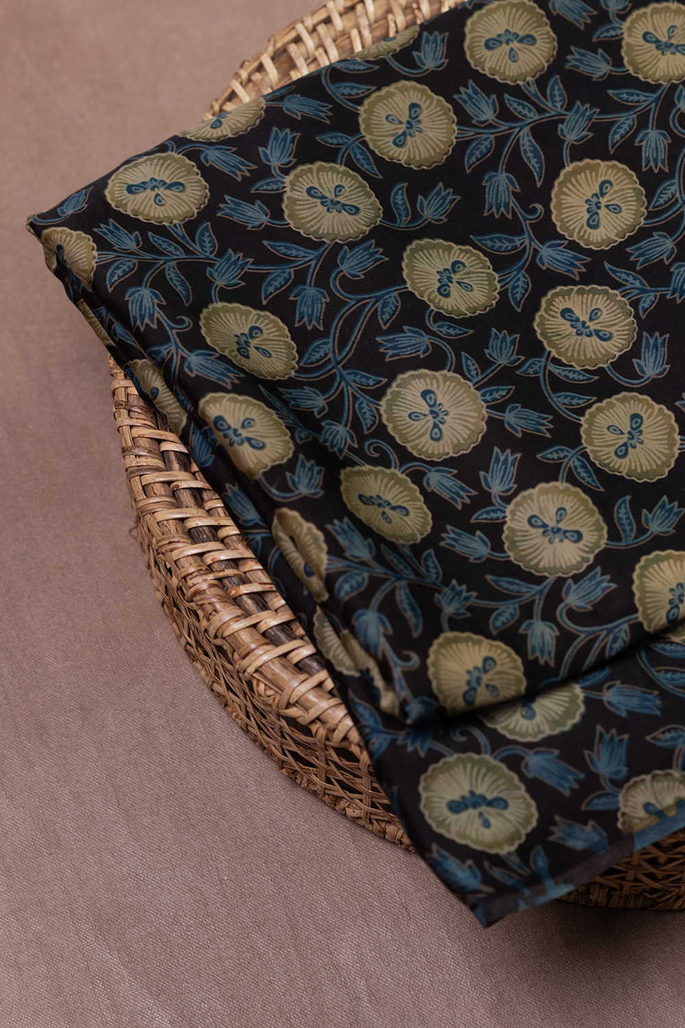 Leafy Floral Block Printed Modal Silk Fabric