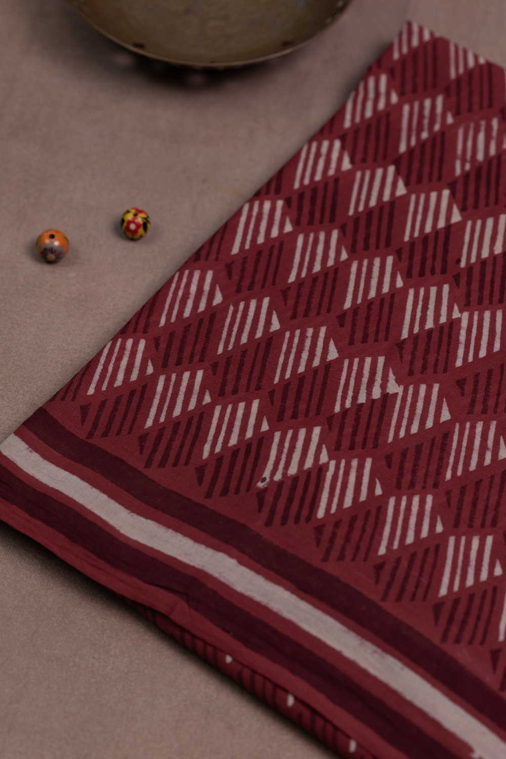 Rust Maroon Block Printed Mul Cotton saree
