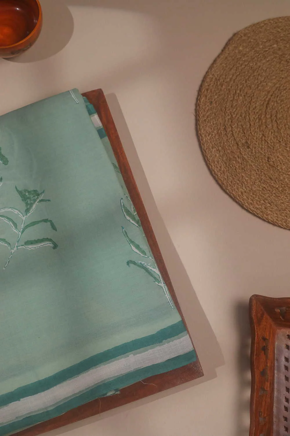 Leaf Butta - Green Block Printed Mul Cotton saree