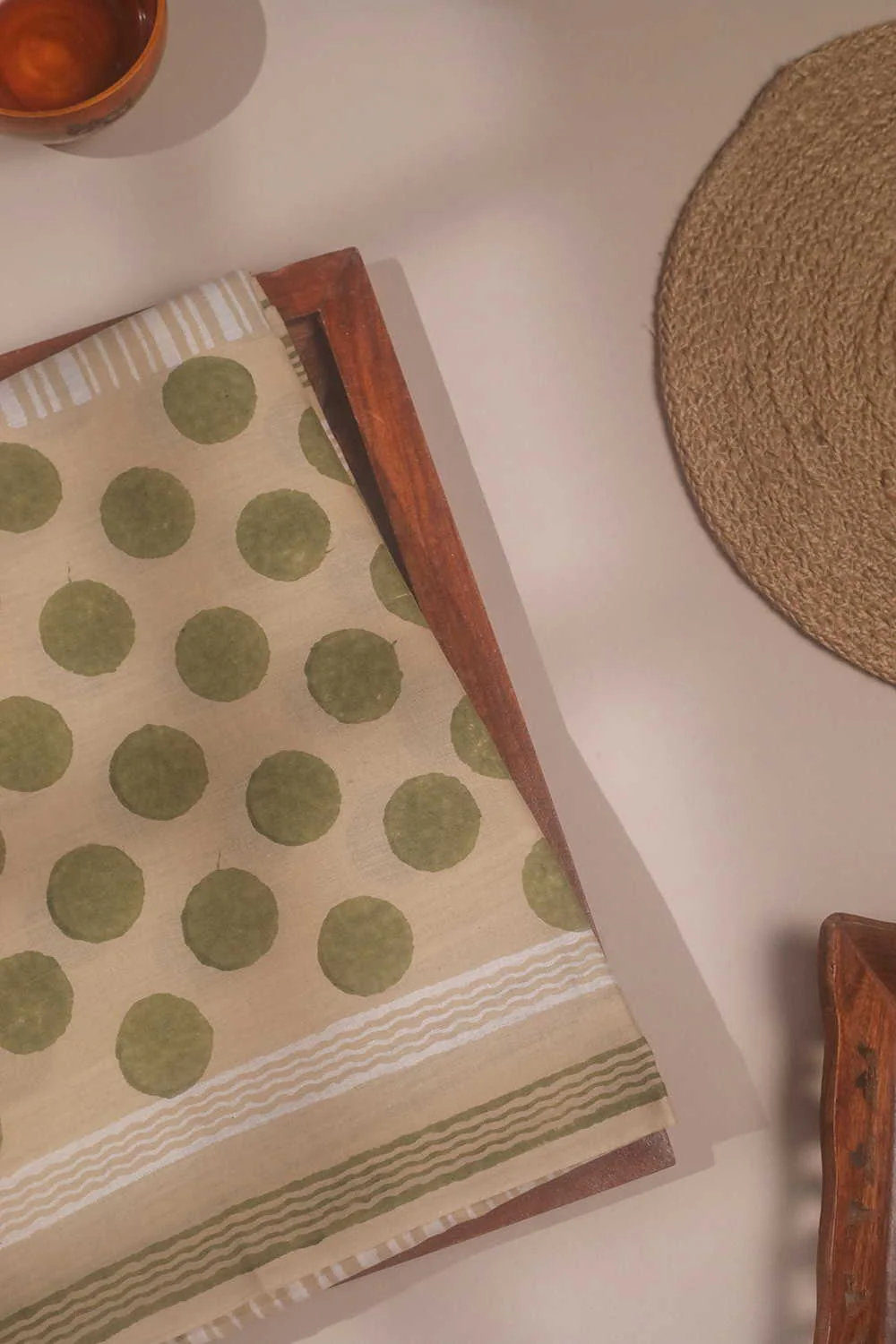Green Polka on Beige Block Printed Mul Cotton saree
