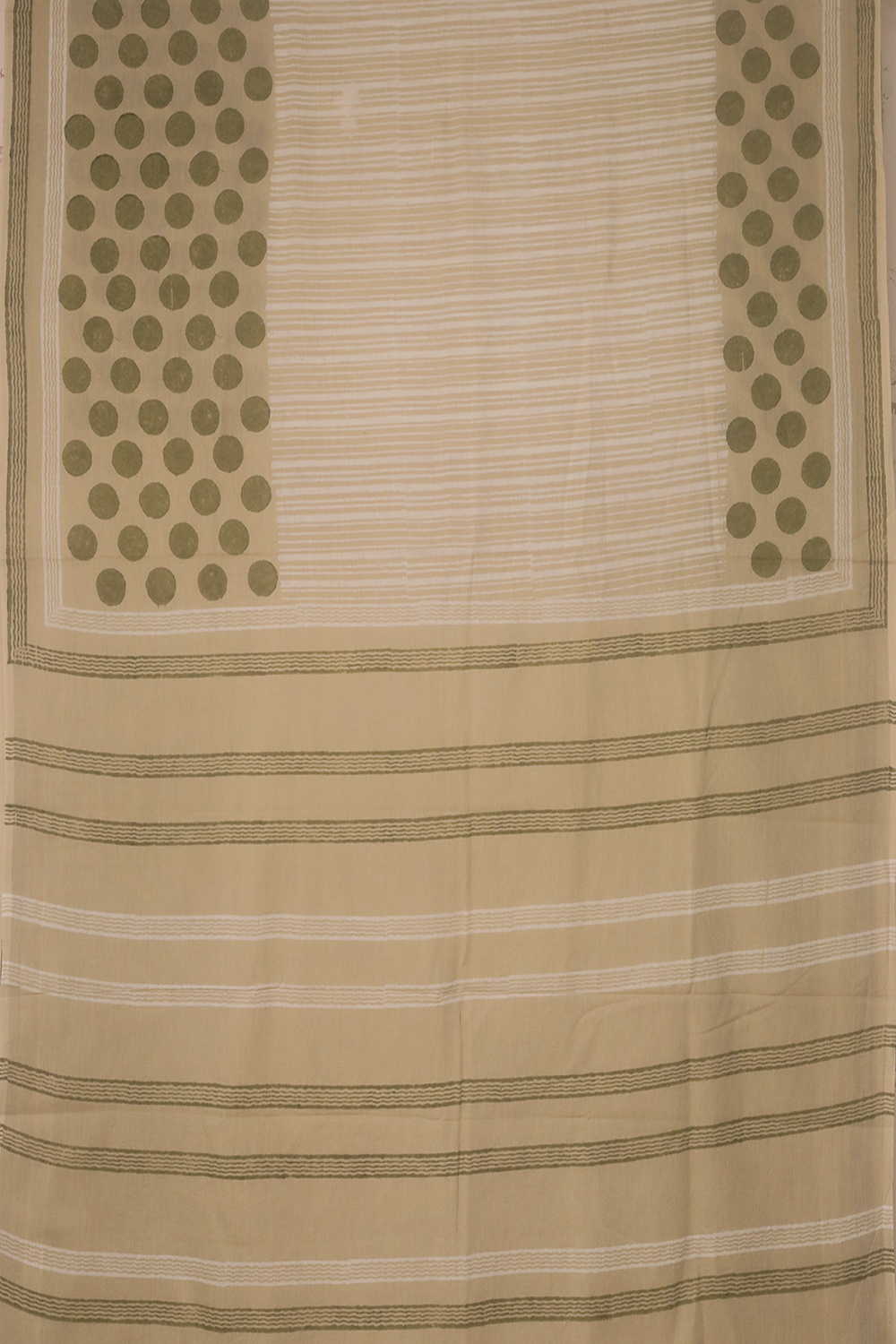 Green Polka on Beige Block Printed Mul Cotton saree - Image 2