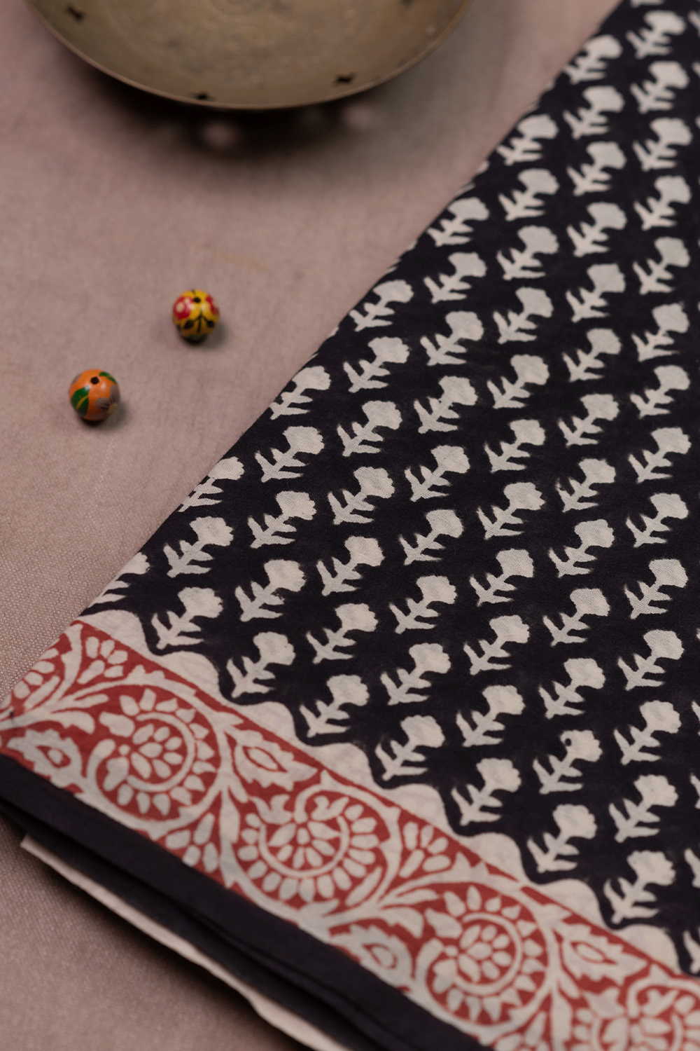 Florets on Black Block Printed Mul Cotton saree