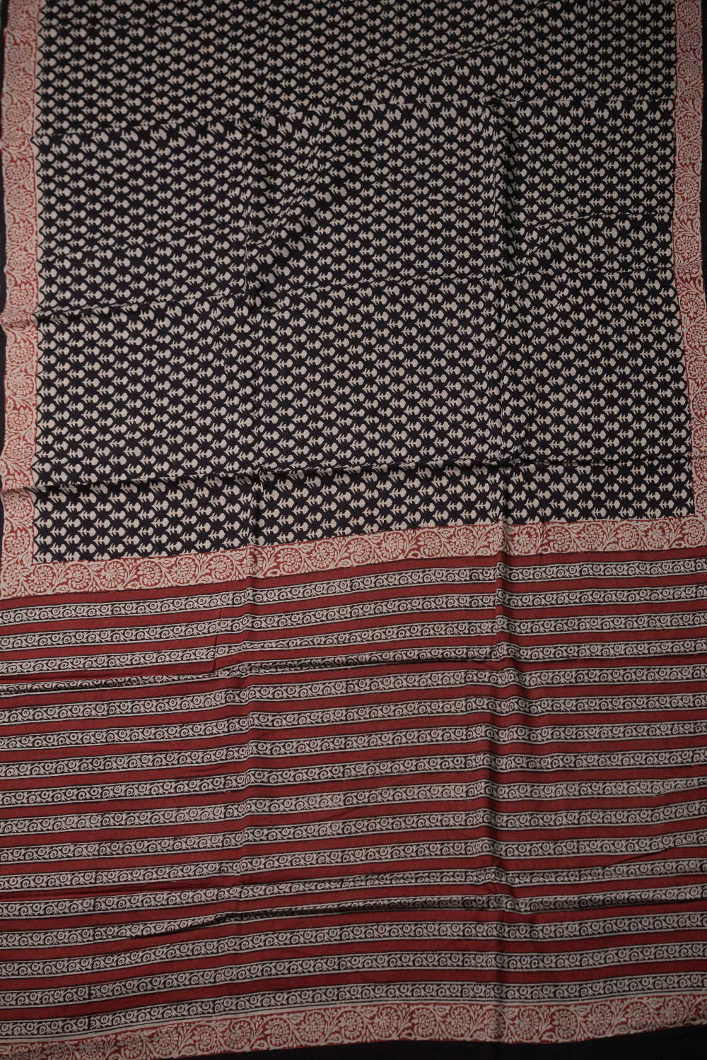 Florets on Black Block Printed Mul Cotton saree - Image 2