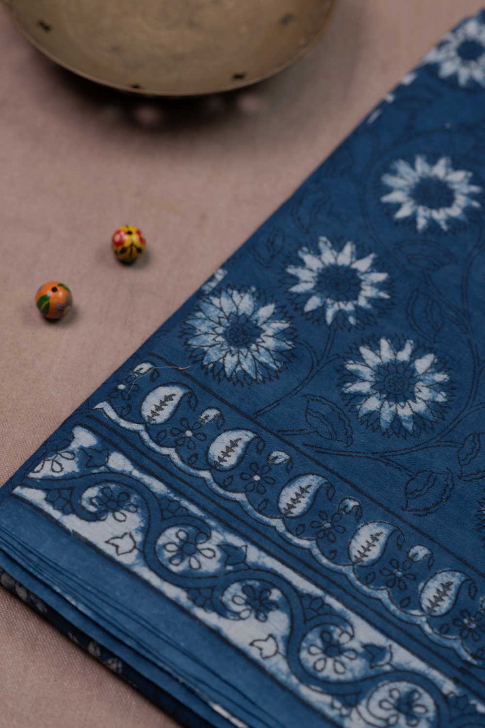 Floral Garden - Indigo Block Printed Mul Cotton saree