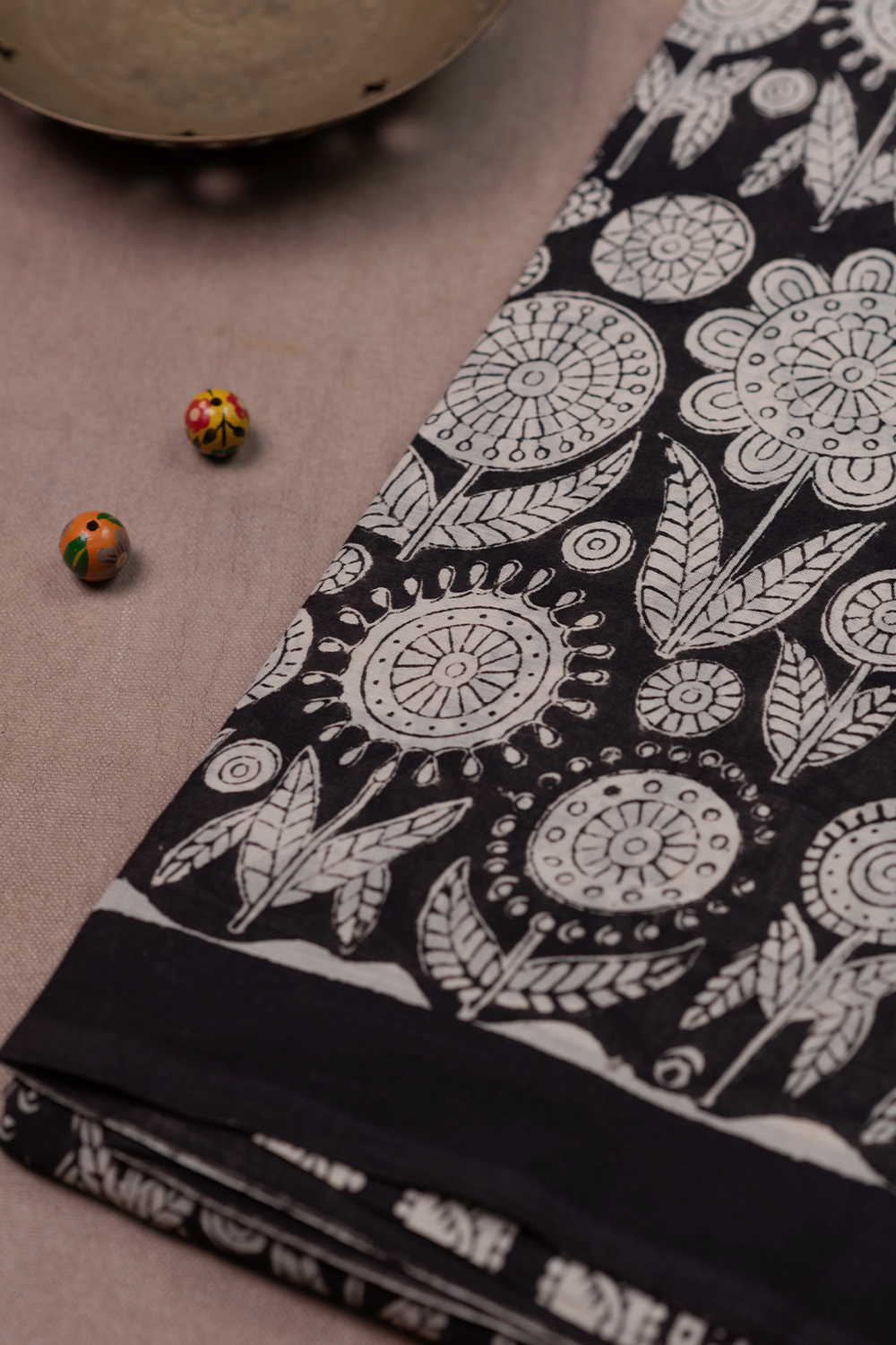 Black with Floral Pattern Block Printed Mul Cotton saree
