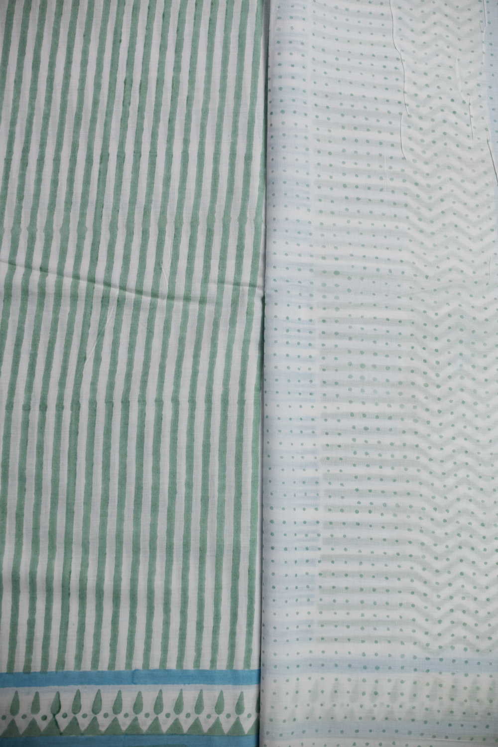 Green & Blue Stripe Block Printed Mul Cotton saree - Image 4