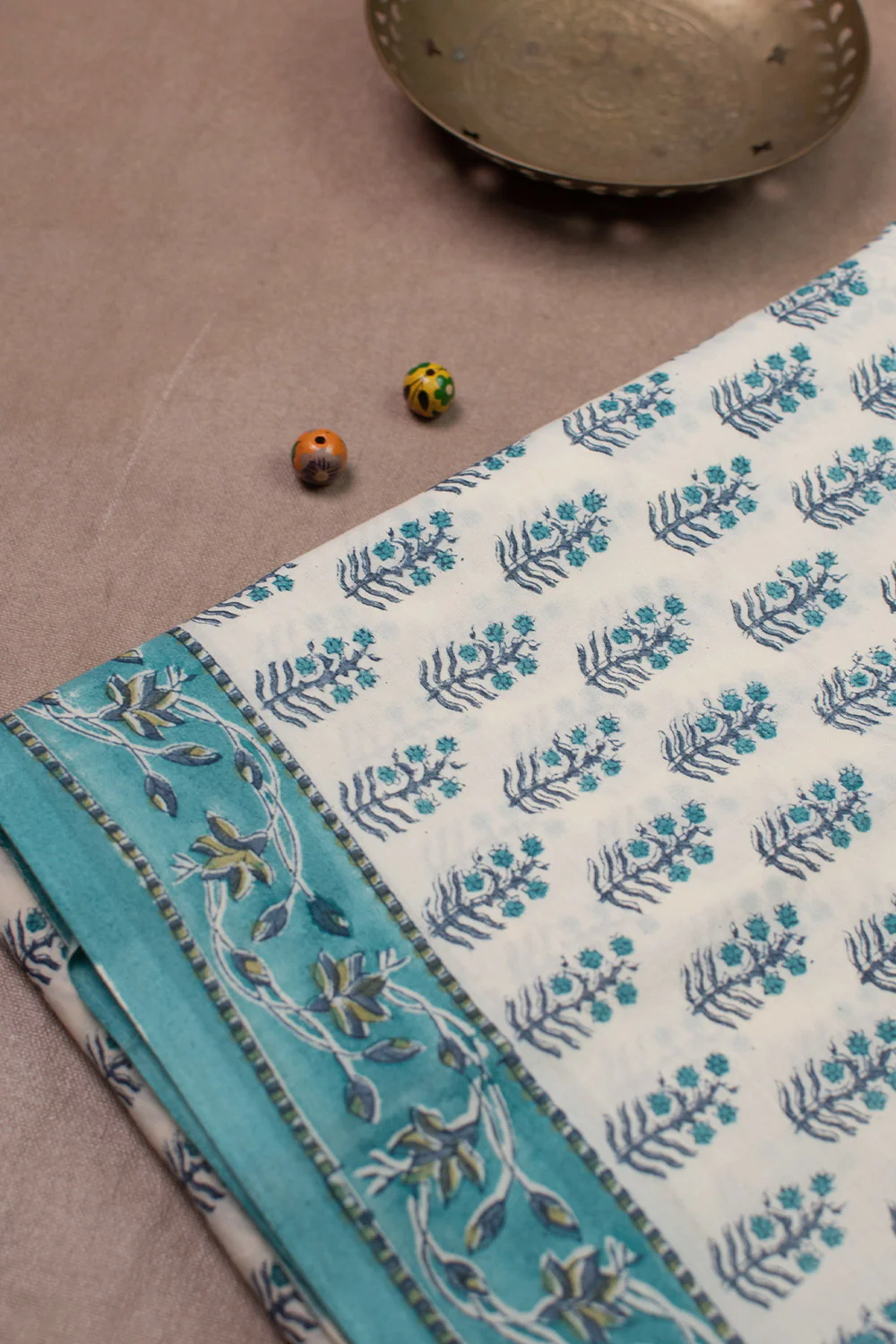 Cream - Block Printed Mul Cotton saree